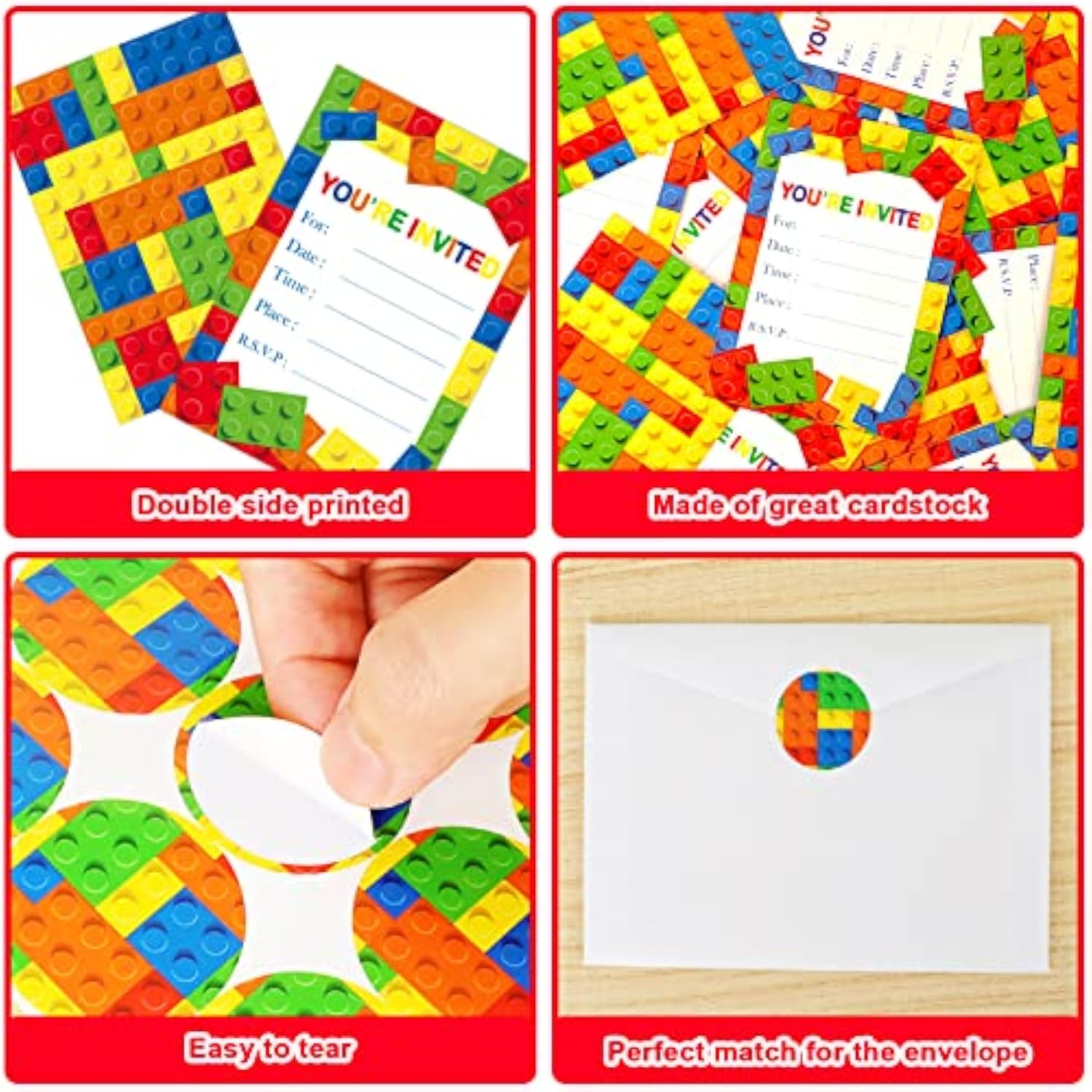 Children Boys Birthday Party Invitations Building Blocks Party Supplies, Stacking Block Bricks Invitation Cards Set With Sticker Labels Envelopes Birthday Decorations For 24 Guests