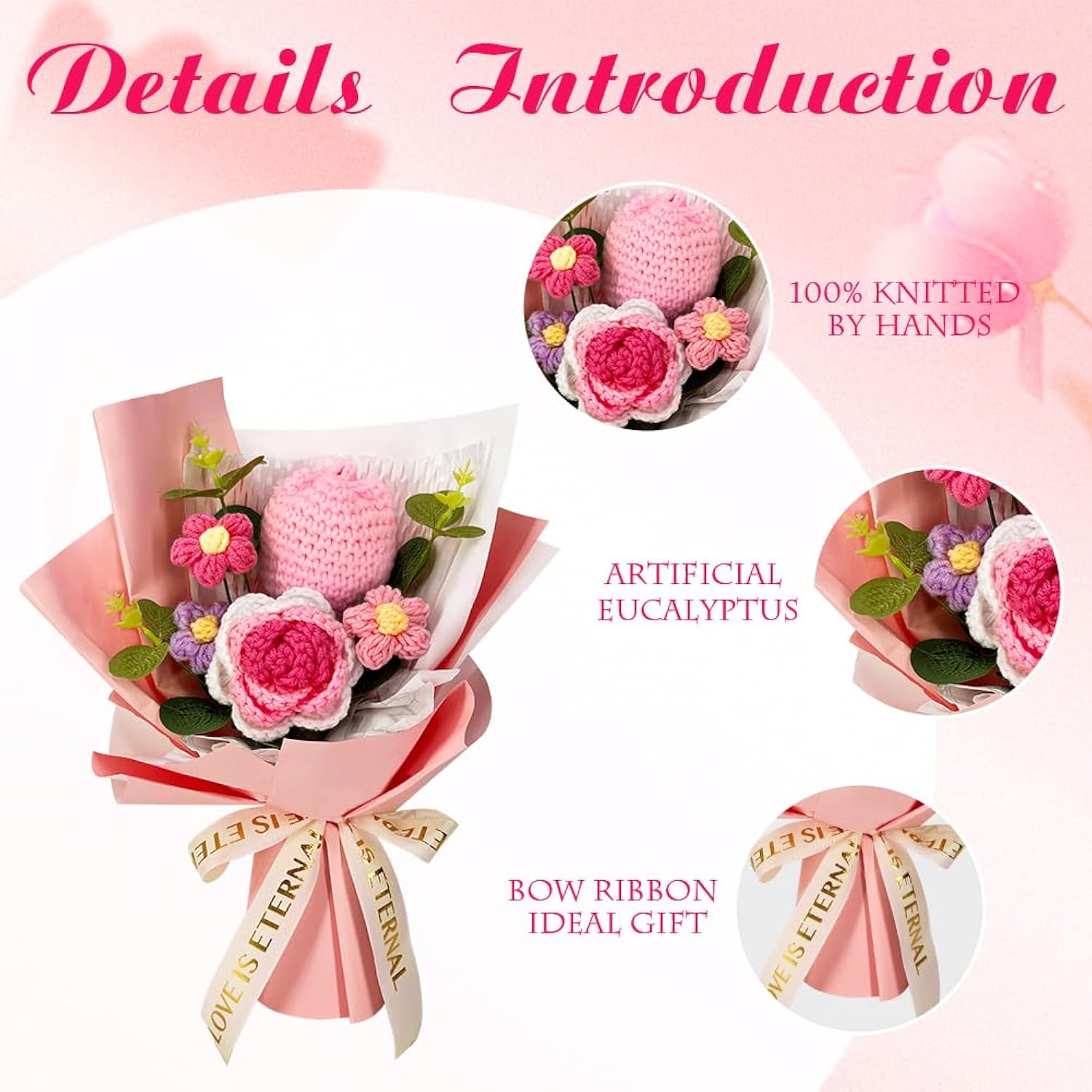 Crochet Flower Bouquet: Completed Crochet Rose Tulip Flowers For Graduation Gifts Birthday Home Decor (Pink)