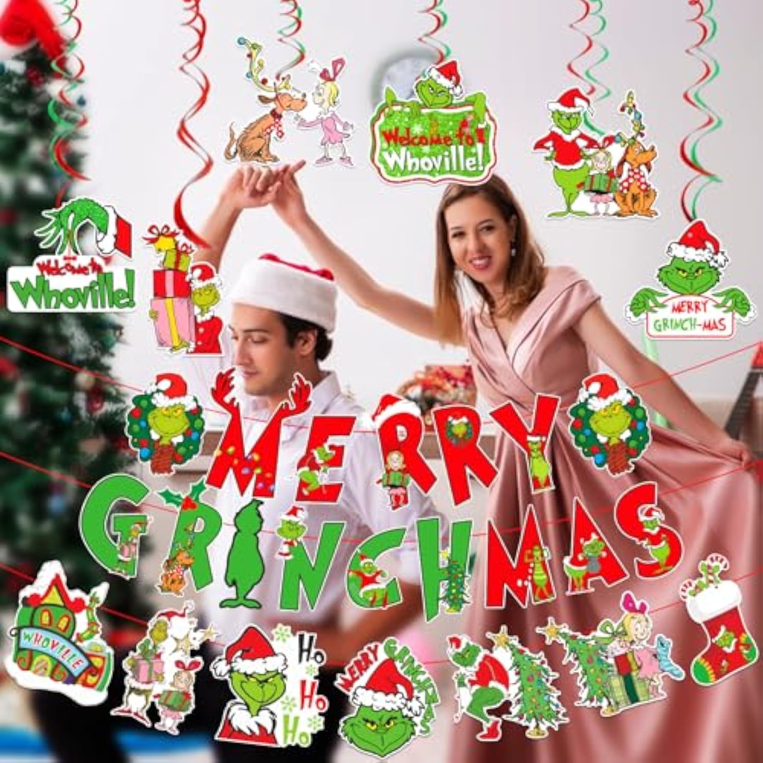Green Monster Themed Christmas Decor - Merry Christmas Banner & Hanging Decorations For Party