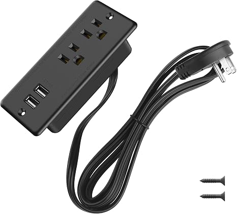 Recessed Furniture Power Strip USB A 6FT Flush Mount Flat Plug Black