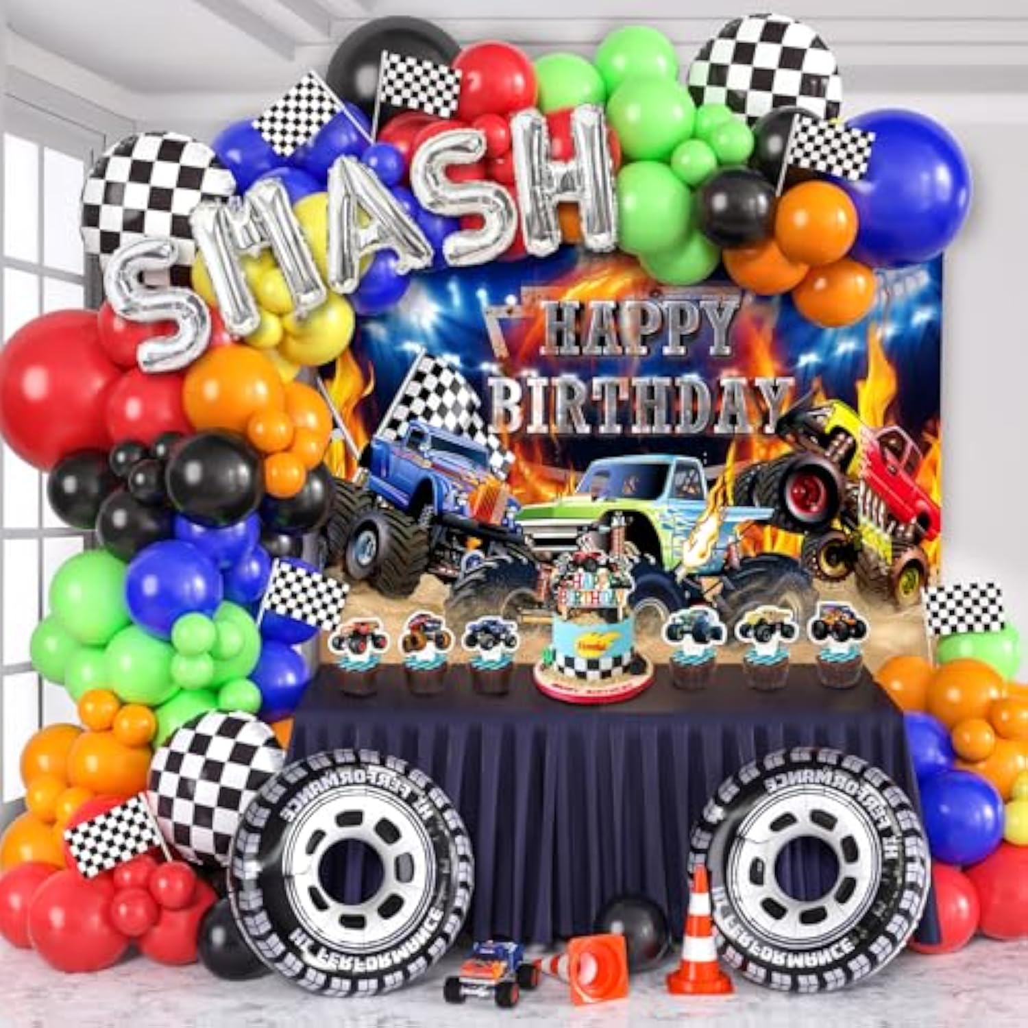 145Pcs Monster Truck Birthday Decorations Machines Jam Party Decoration With Truck Theme Balloon Garland Arch Kit Wheel Foil Balloon Backdrop Cake Topper Baby Shower Truck Birthday Supplies For Boys