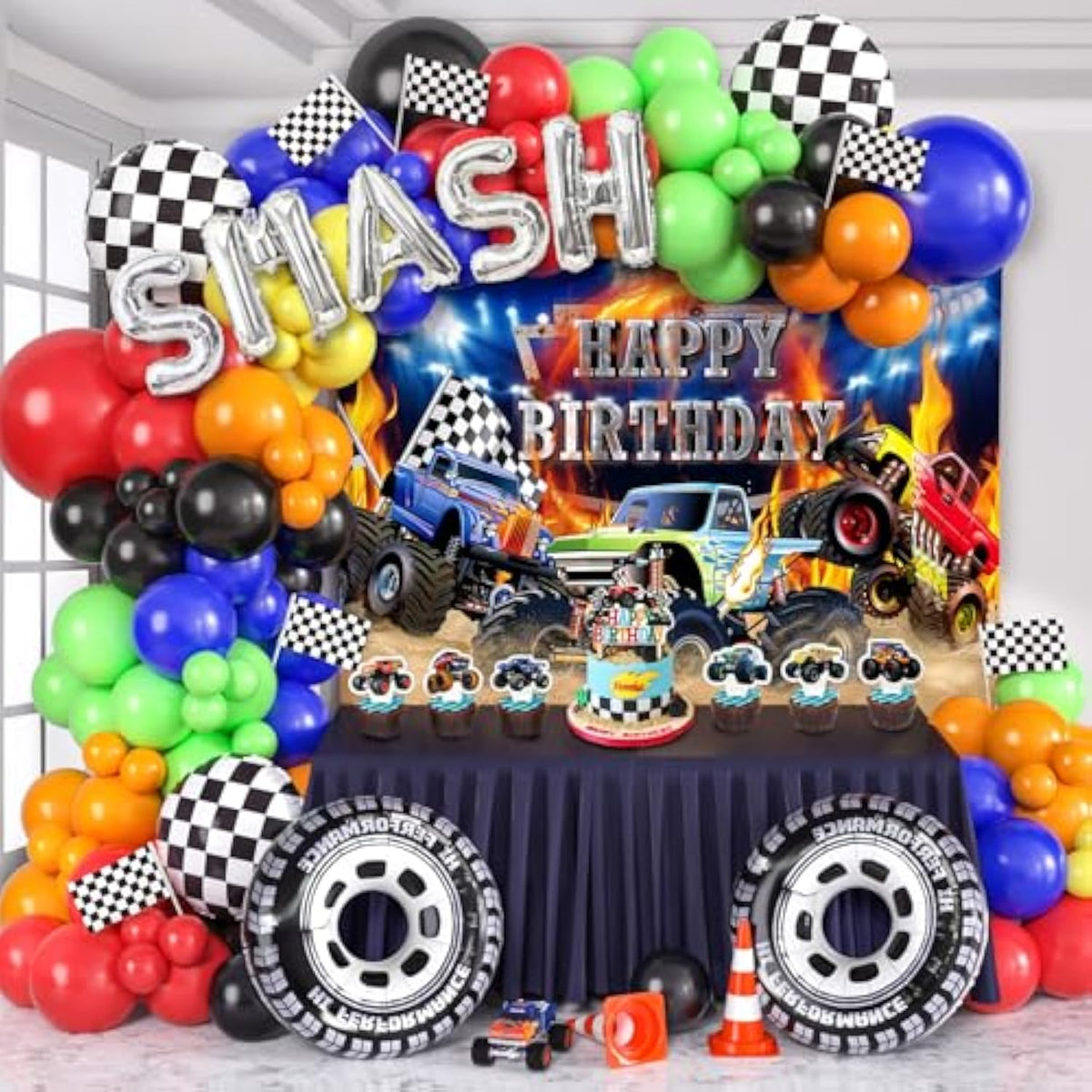 145Pcs Monster Truck Birthday Decorations Machines Jam Party Decoration With Truck Theme Balloon Garland Arch Kit Wheel Foil Balloon Backdrop Cake Topper Baby Shower Truck Birthday Supplies For Boys