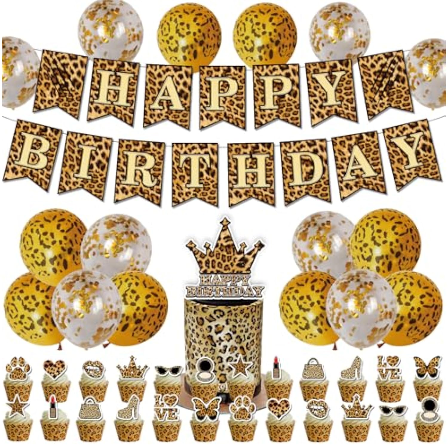 Cheetah Print Birthday Decor Leopard Safari Theme with Balloons Banner Cake Topper