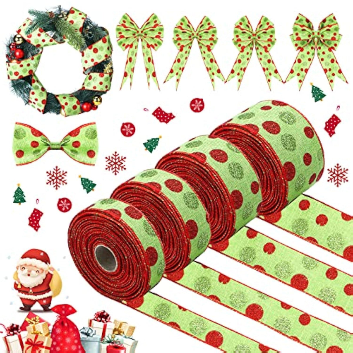 4 Rolls 24 Yard Christmas Green Red Dot Ribbons, 4 Sizes Glitter Wired