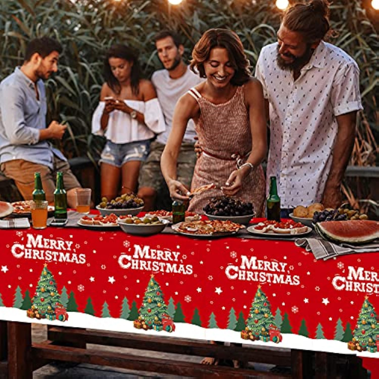 Christmas Table Decorations Christmas Tree Disposable Tablecloth Waterproof Plastic Rectangular Table Cover For Merry Christmas Party Supplies, 4 Pcs 54 X 108 Inch