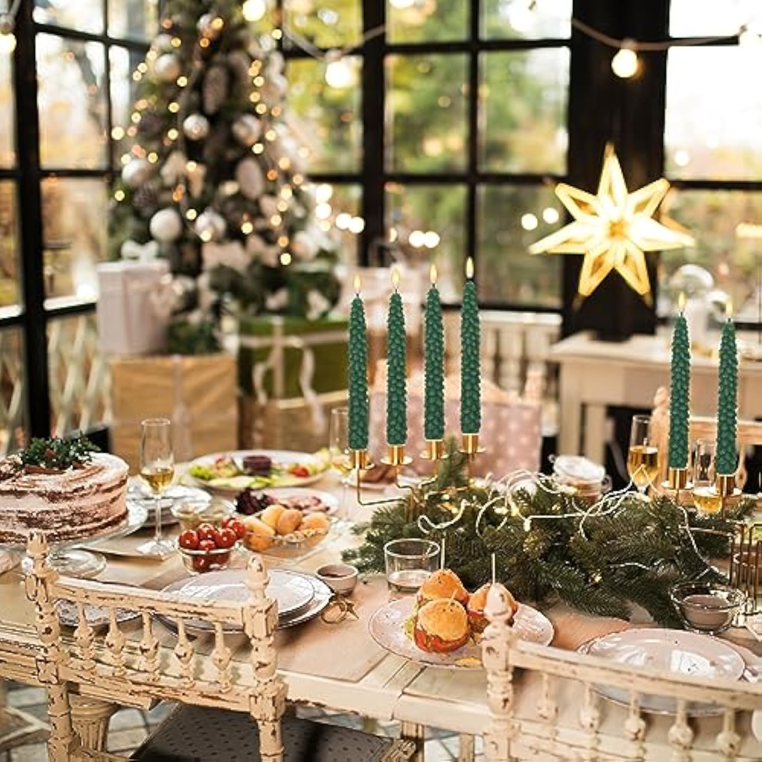 Christmas Tree Flameless Taper Candles Flickering With Remote Timer, Real Wax Led Battery Operated Candles Warm 3D Wick Christmas Home Wedding Decor(Green, 0.78 X 9.64 Inch)