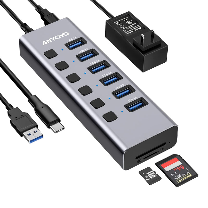 Powered Usb Hub With Tf/Sd Card Reader, 8-Port Usb 3.0 Hub With 6 Usb 3.0 Data