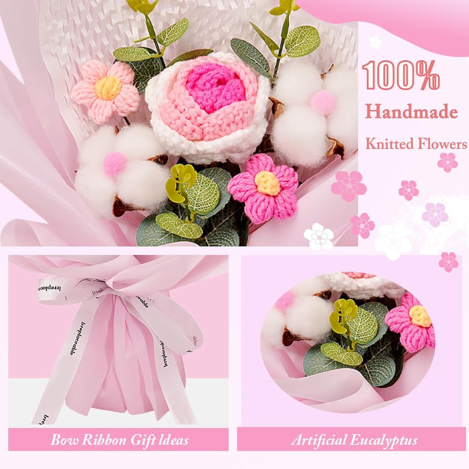 Crochet Rose Flower Bouquet: Handmade Rose Artificial Flowers For Festival Wedding Graduation Anniversary Birthday Home Decor (Pink)