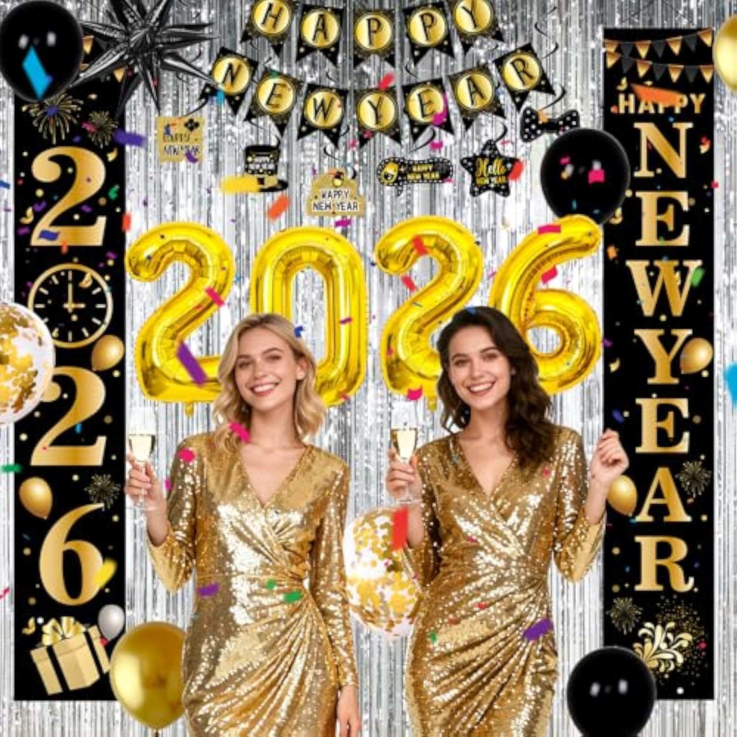 Happy New Year 2026 Party Supplies Banner Backdrop Tablecloth Foil Balloons