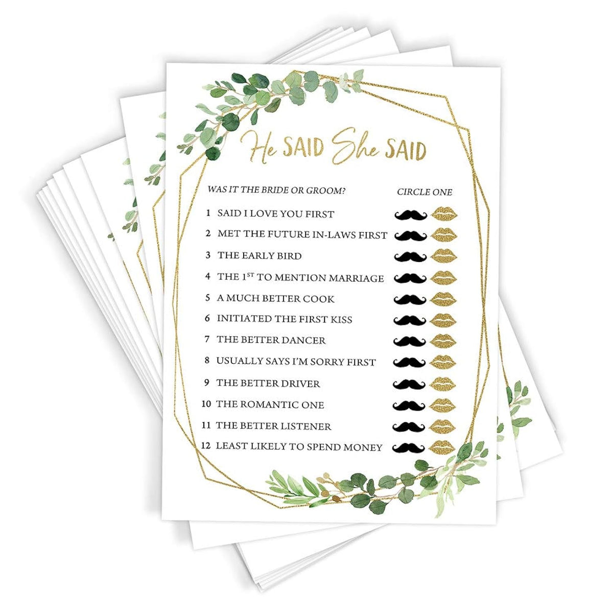 Bridal Shower Games – He Said She Said Game With Fun Bride And Groom Trivia, Wedding Shower Activity, Botanical Greenery Theme, 50 Guests