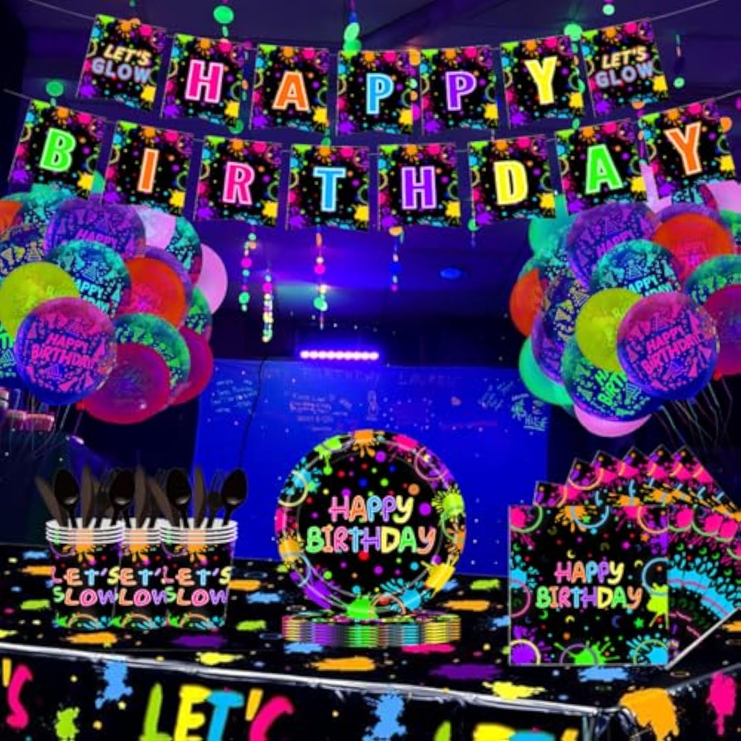 188 Pcs Neon Party Supplies, Glow In The Dark Party Supplies Include Dinnerware, Napkins, Cups, Balloons, Tablecloths And Birthday Flags With Neon Party Decorations For 24 People
