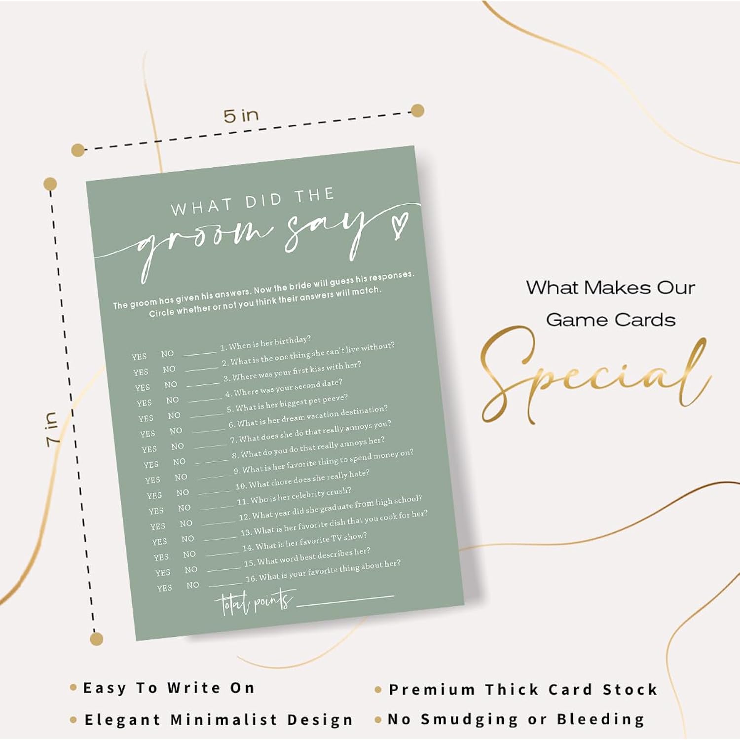 Bridal Shower Games Cards & What Did The Groom Say - 25 Guest Engagement Party Wedding Games - Minimalist Green Wedding Party Supplies - C12