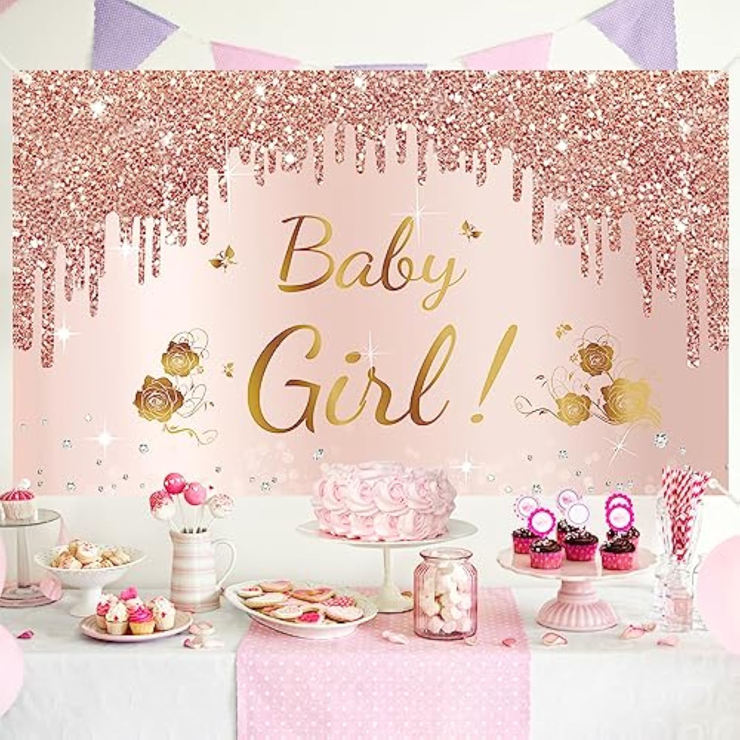 Pink Rose Gold Baby Girl Shower Banner & Backdrop – Sweet Baby Decor Set