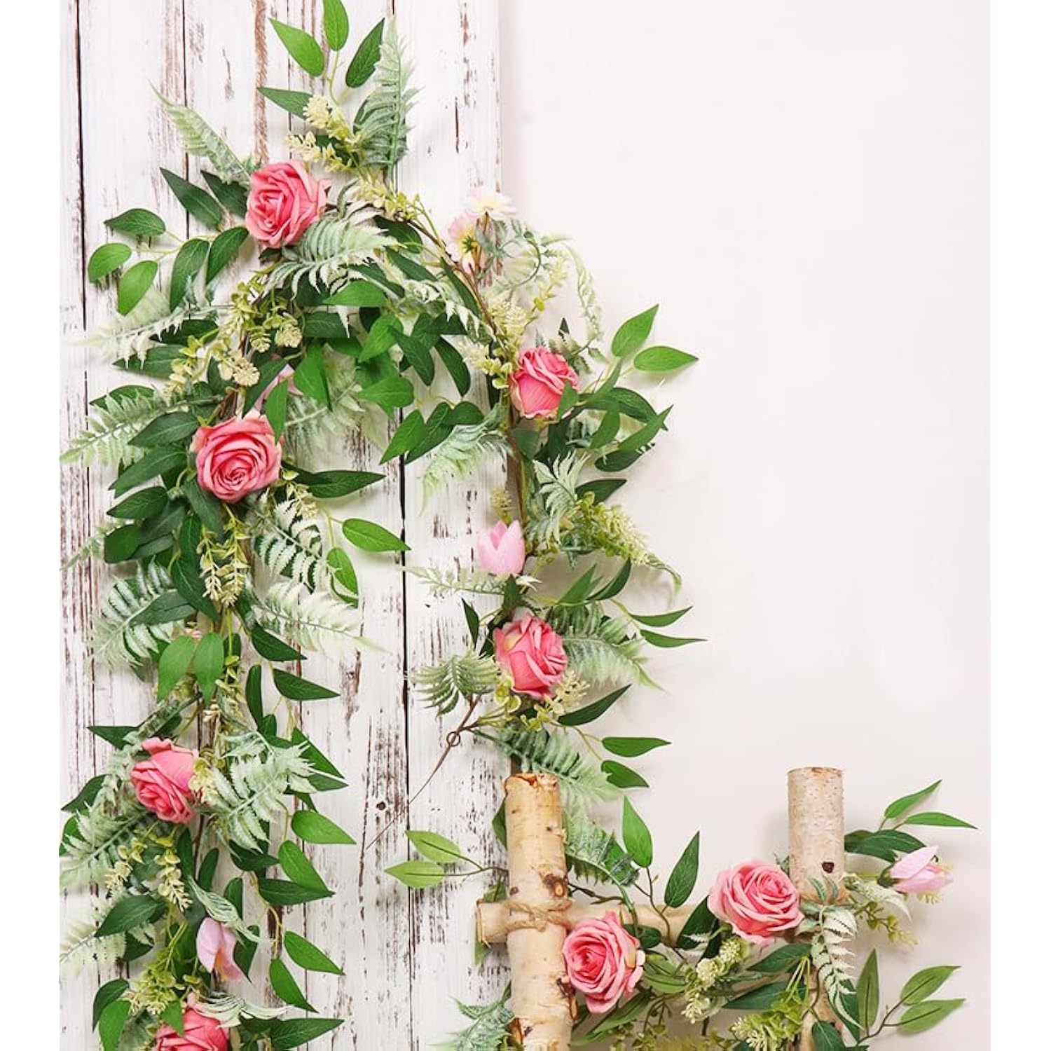 Rose Garland With Flowers, Artificial Fake Flower Greenery Spring Garland For Baby Shower Wedding Mantle Table Centerpiece Spring Decor Vine Decor, Floral Wreath (Pink Rose)