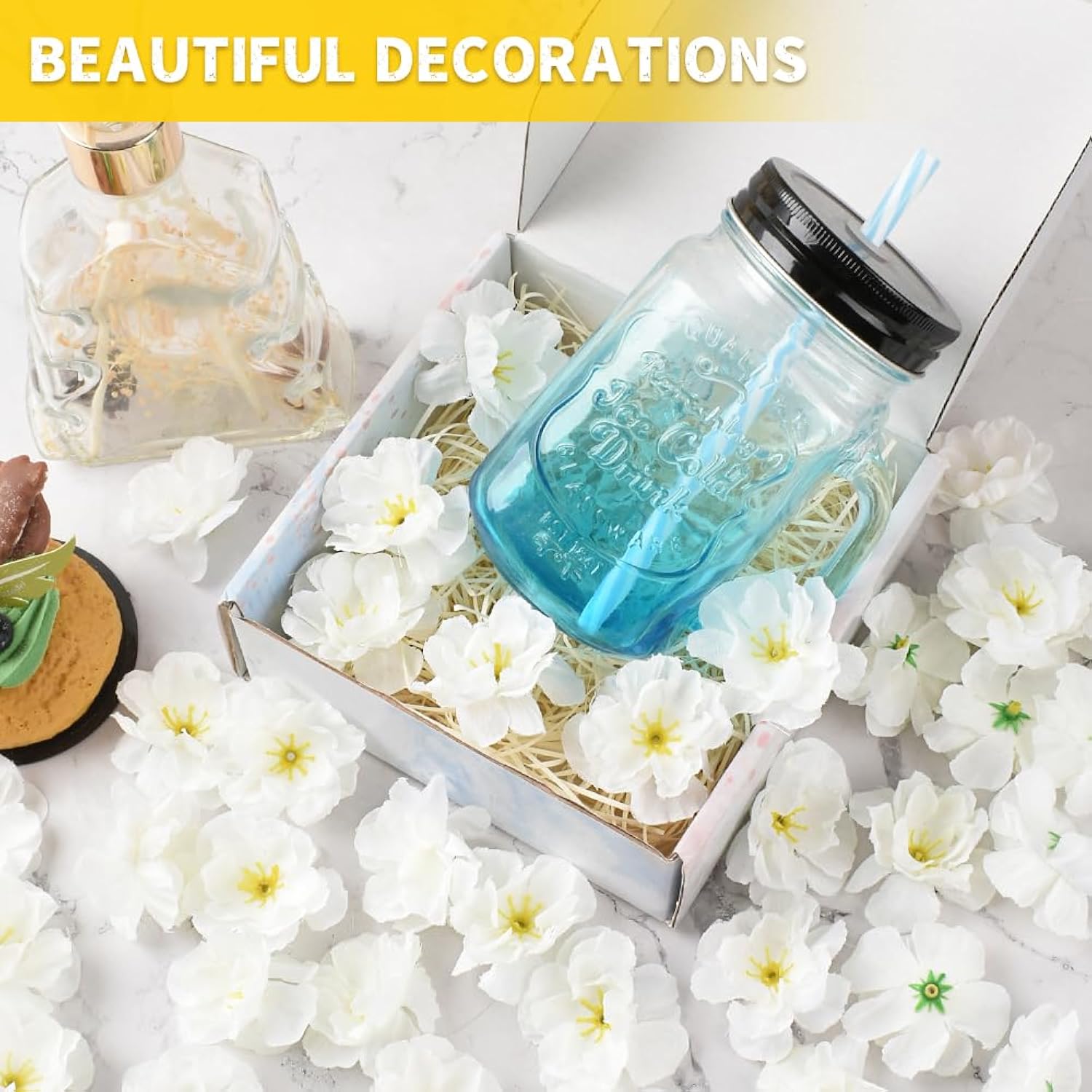 Artificial Cherry Blossom Flower Heads, Fake Silk Sakura Floral Heads For Bridal Hair Clips Headbands Dress Diy Accessories Wedding Party Supply Table Decorative (100Pcs White)
