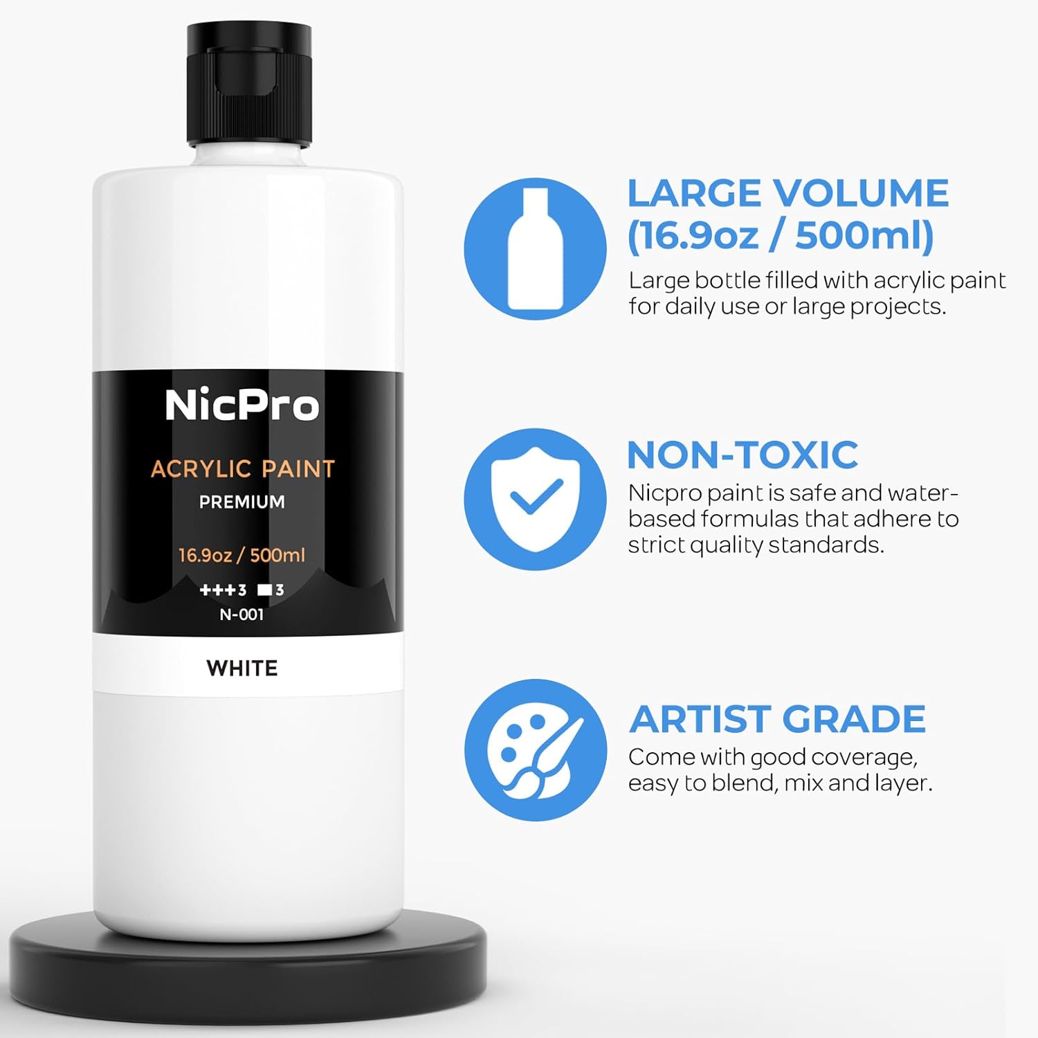 White Large Acrylic Paint (16.9 Oz, 500 Ml), Rich Pigments, Non Toxic Craft Paint For Multi Surface, Canvas, Wood, Leather, Ceramic, Fabric, Stone - Art Painting Supplies For Beginners, Artists & Adults