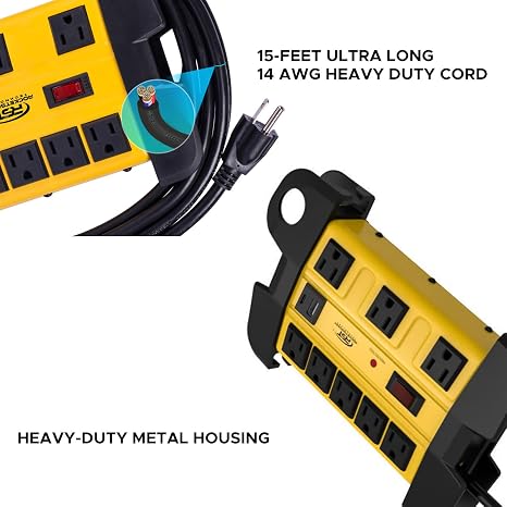 8 Outlet Heavy Duty Surge Protector Power Strip with USB C Ports 15 Ft Cord