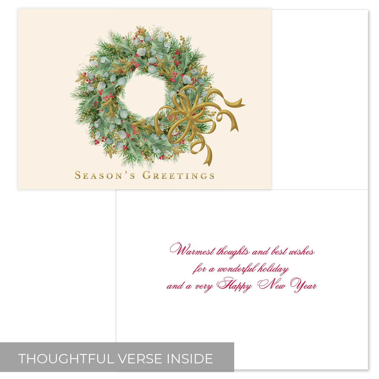 Masterpiece Wreath With Berries Christmas Cards / 16 Boxed Seasons Greetings Holiday Card Set With Coordinating Gold Foil Lined Envelopes / 5 5/8" X 7 7/8" Folded Winter Greeting Cards With Inside