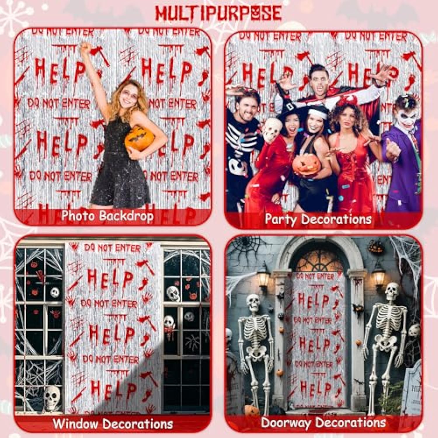 2 Pack Bloody Halloween Foil Fringe Curtains 6.6x3.3ft Scary Party Backdrop Decor