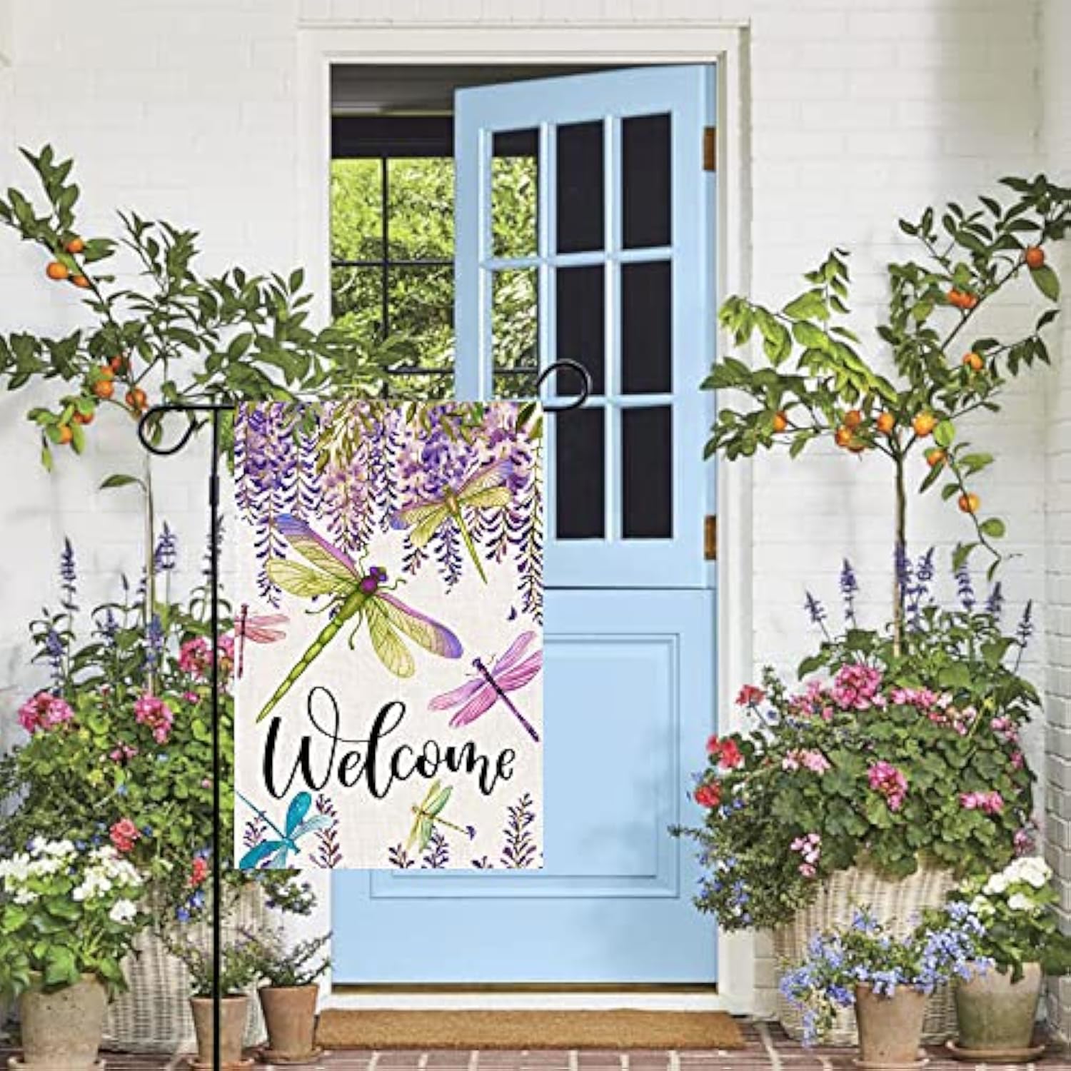 Spring Summer Flower Garden Flag Wisteria Dragonfly Floral Welcome Small Yard Flag Burlap Double Sided Vertical Seasonal Farmhouse Wedding Outside Outdoor Decoration 12.5X18 Inch