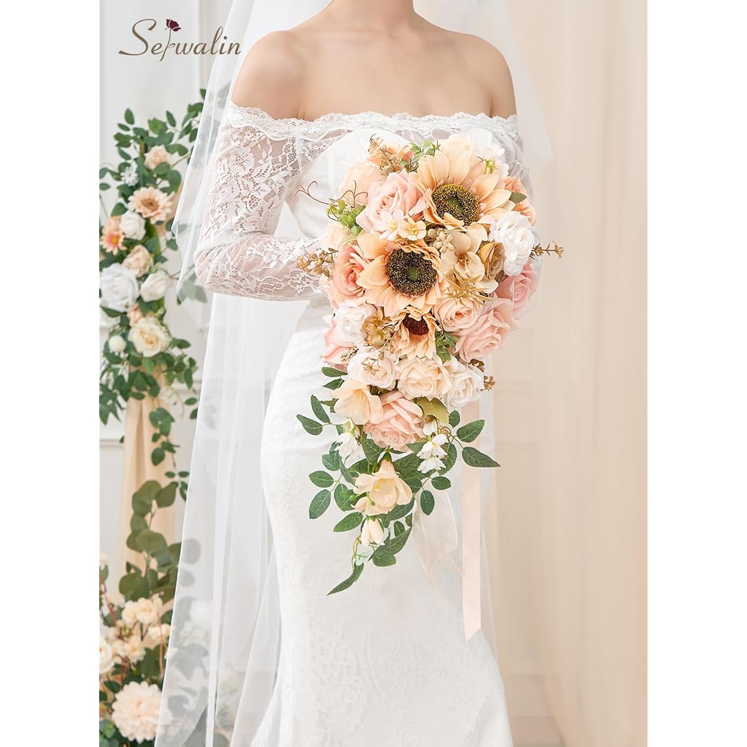 11 Inch Wedding Bouquets For Bride Bridesmaid, Champagne Bridal Bouquets For Bride, Wedding Flowers Bouquet Tossing Bouquet, Wedding Ceremony And Anniversary Day Decor