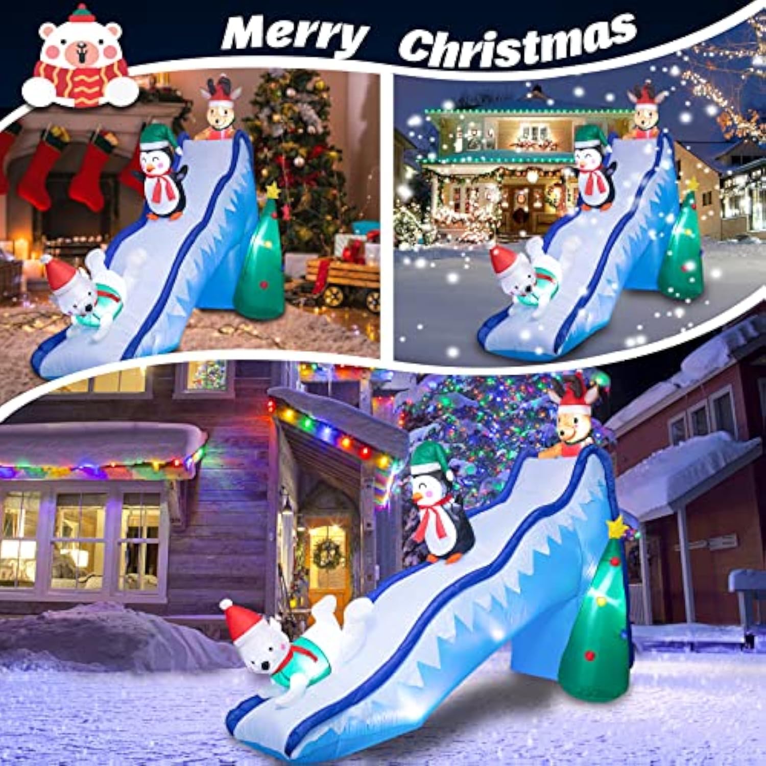 10 Ft Christmas Inflatables Outdoor Decorations, Funny Christmas Inflatables Slide With Penguin, Polar Bear, Reindeer Bl
