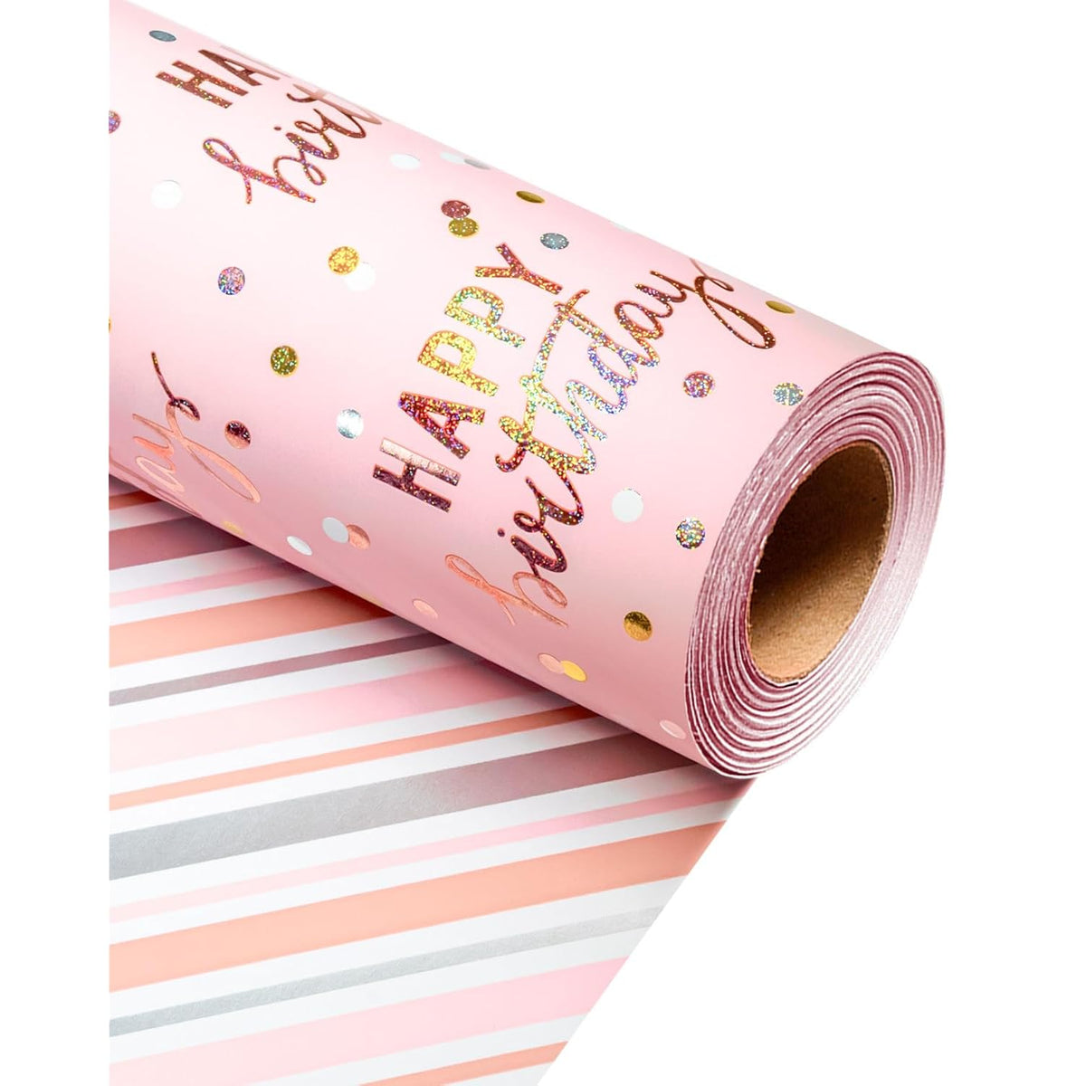 Birthday Wrapping Paper Roll, Pink Metallic Holographic Happy Birthday Wrapping Paper Featuring Revesible Stripe Gift Wrap Paper For Girls Boys Kids Men, 17 Inches X 33 Feet