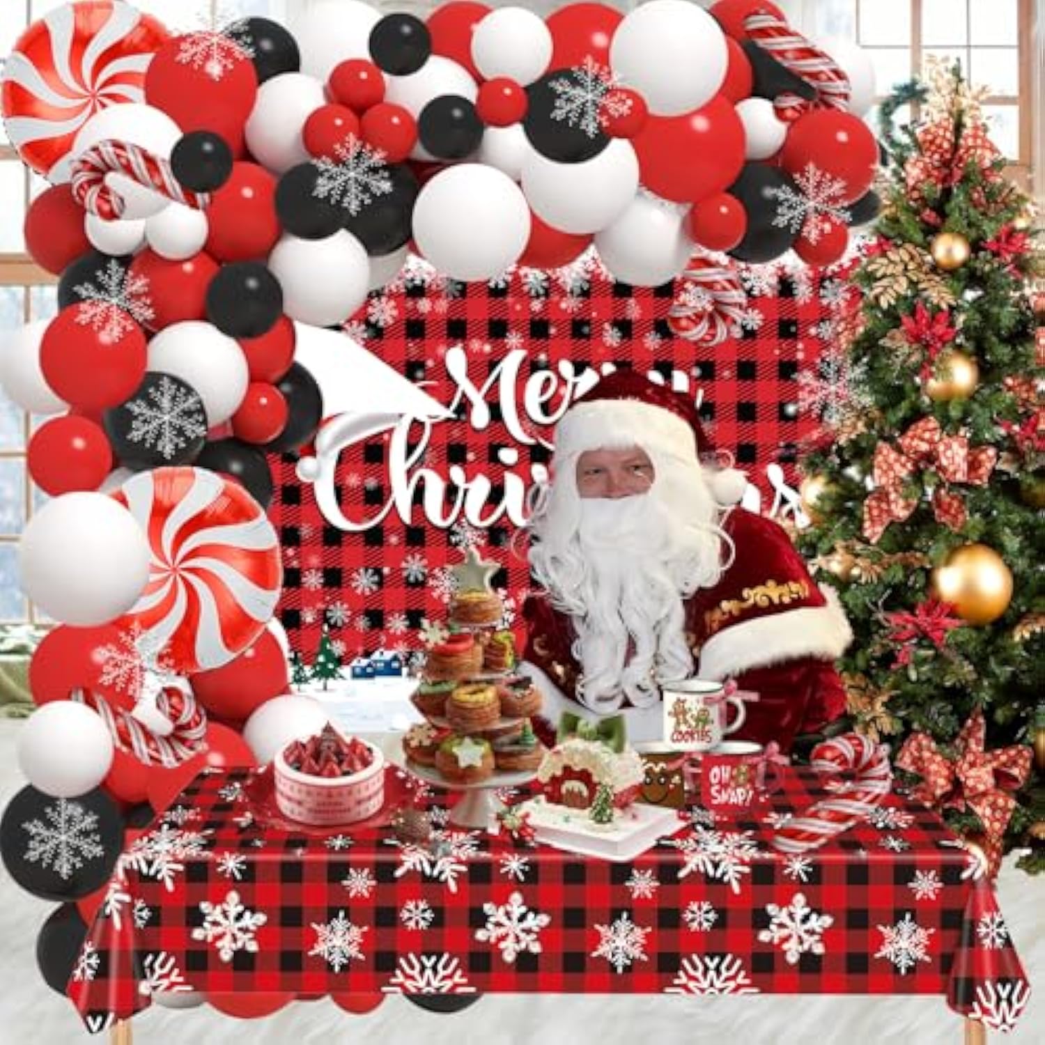 Plaid Christmas Balloons Garland Arch Kit With Merry Christmas Backdrop, Snowflake Tablecloth, Red White Balck Balloons, Xmas Decor Cane Foil Balloon For Christma Baby Shower Birthday Party