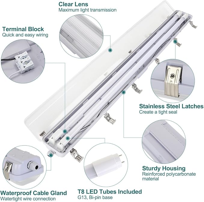 6 Pack 4FT LED Vapor Tight Lights 40W 5600LM 5000K IP65 Surface Mount Fixtures with T8 Tubes