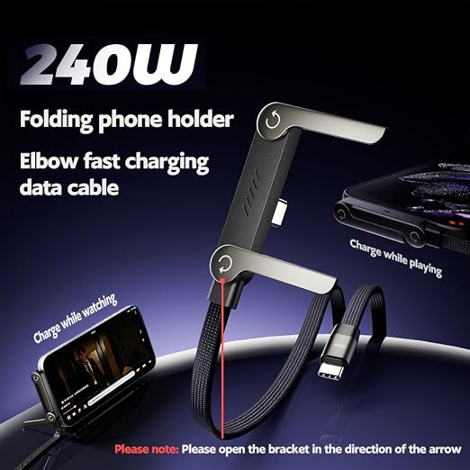 240W 5FT USB C to USB C Fast Charging Cable with Invisible Foldable Phone Stand Black