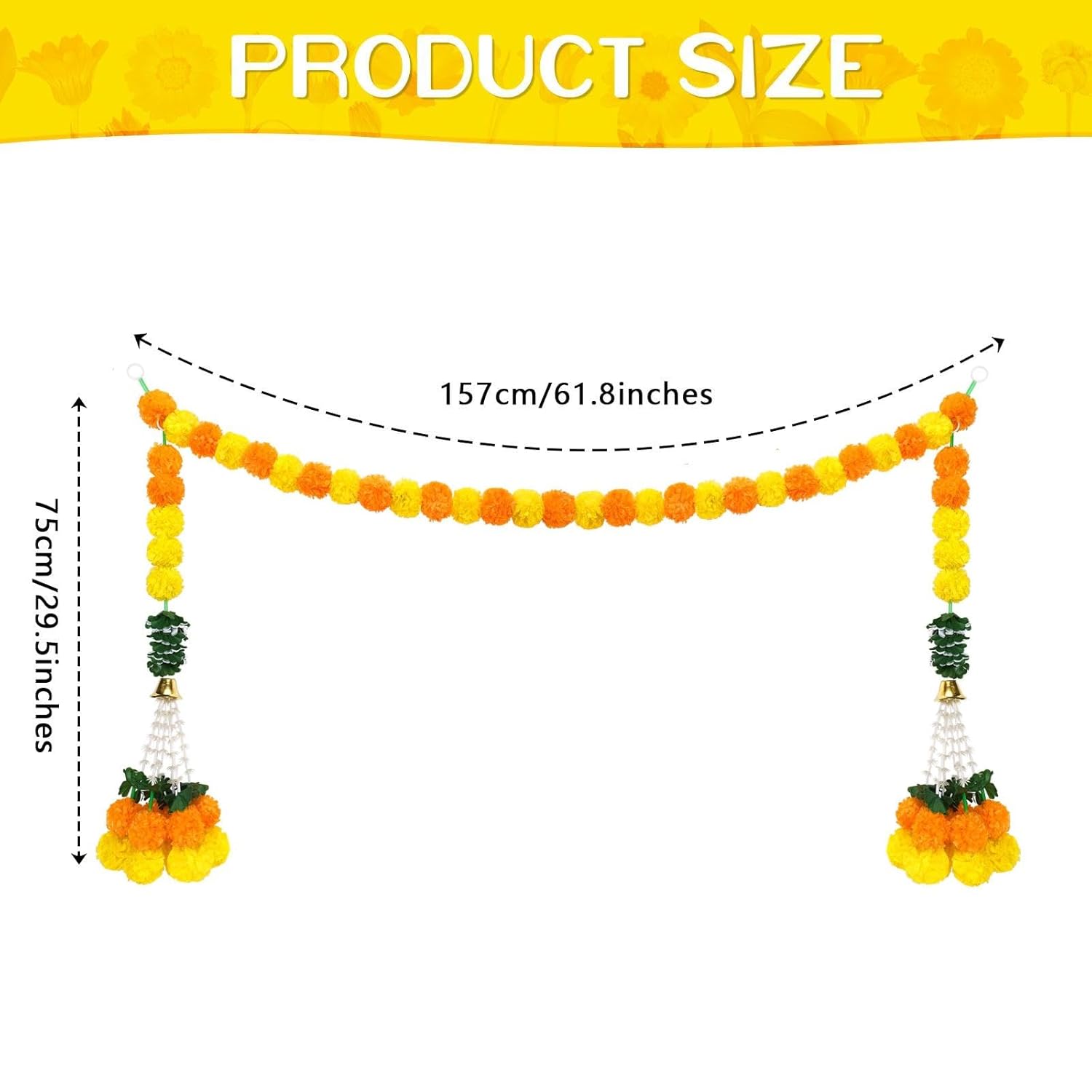 Diwali Marigold Garland With Bells Leaves For Home Decoration, Long Strands For Pooja Decoration Indian Wedding, Artificial Marigold Flowers Hanging For All Year Decoration
