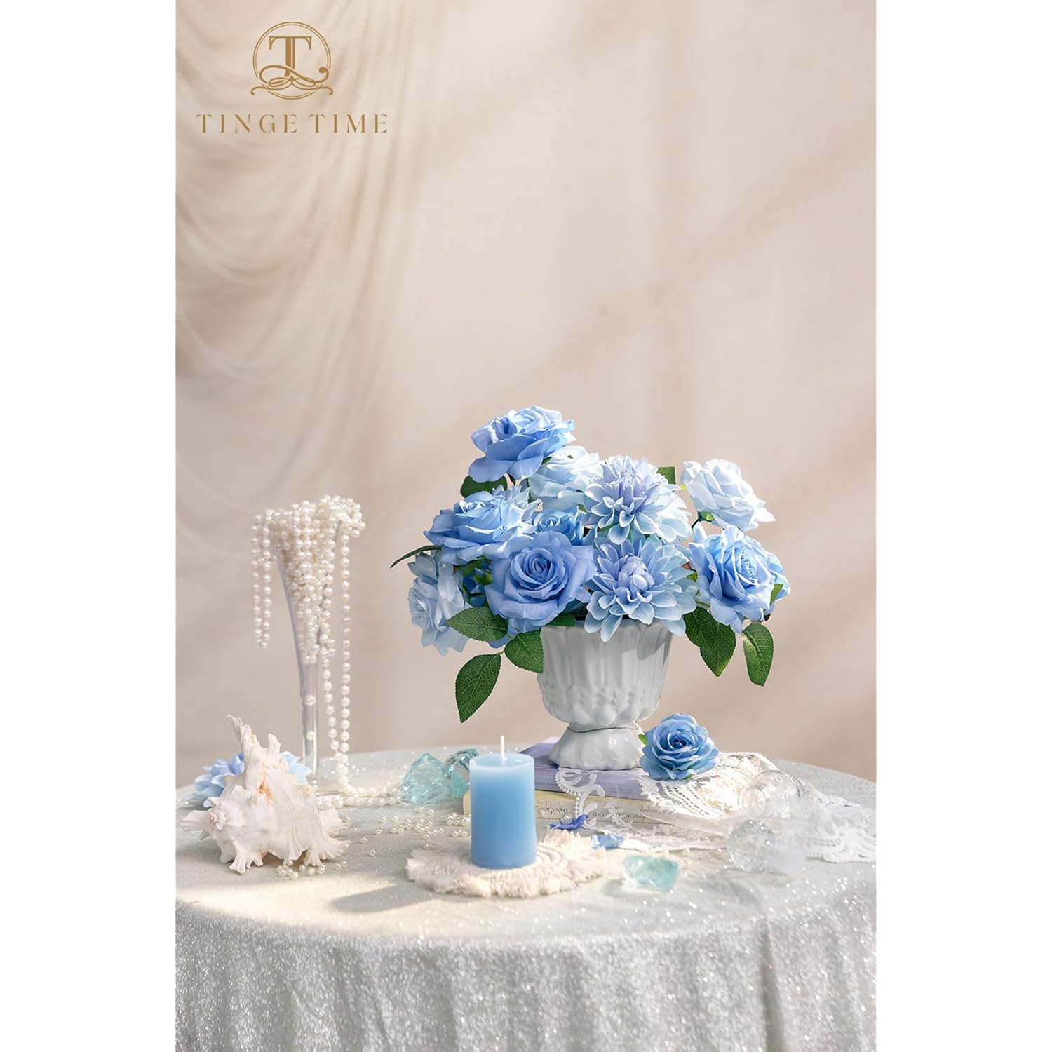 Artificial Flowers Combo Box Set, 16Pcs Fake Rose Silk Flower With Stem For Diy Wedding Bouquets Centerpieces Baby Shower French Country Home Decoration (Provence Blue)
