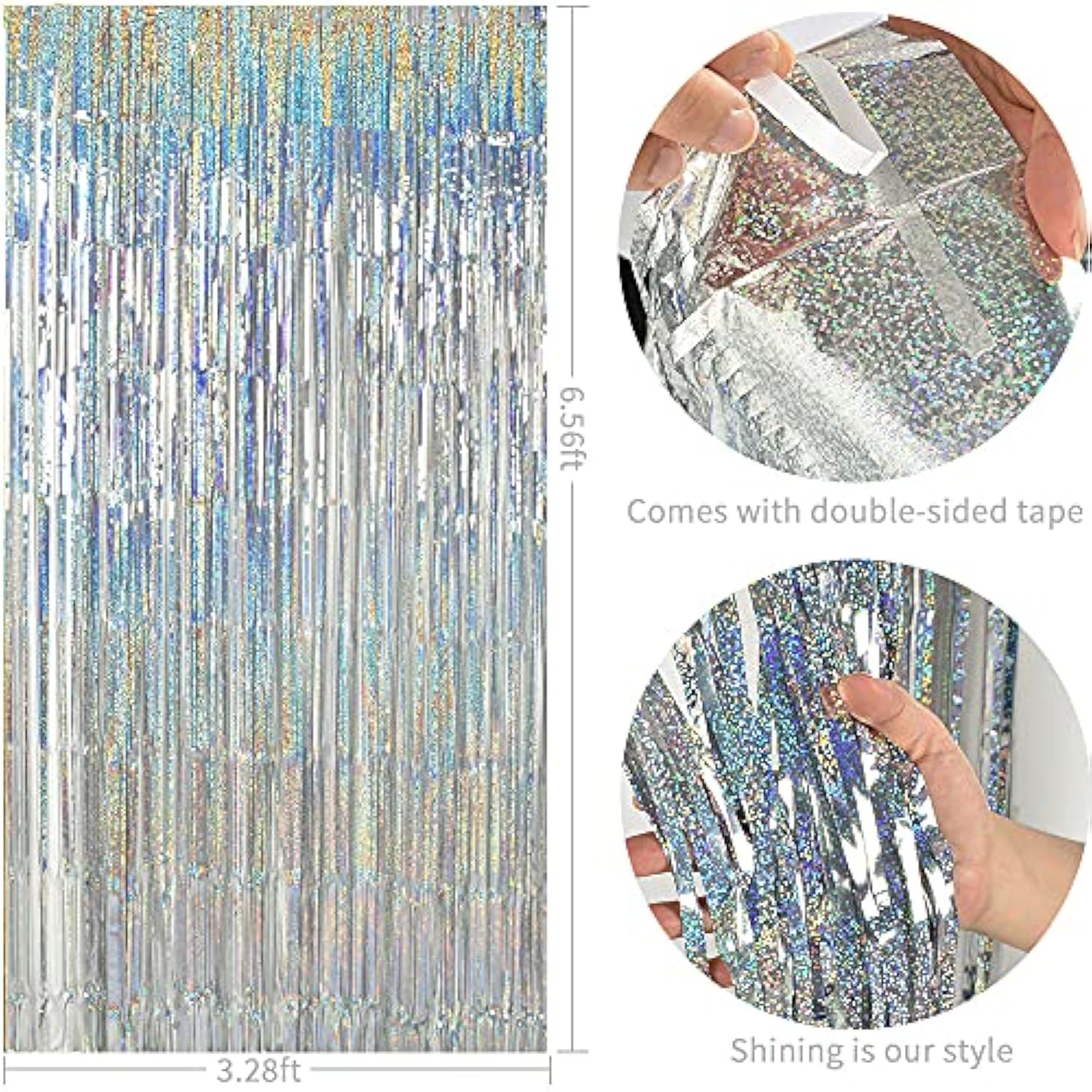 3 Pcs Laser Silver Door Streamers 9.9x6.6ft Foil Backdrop for Parties