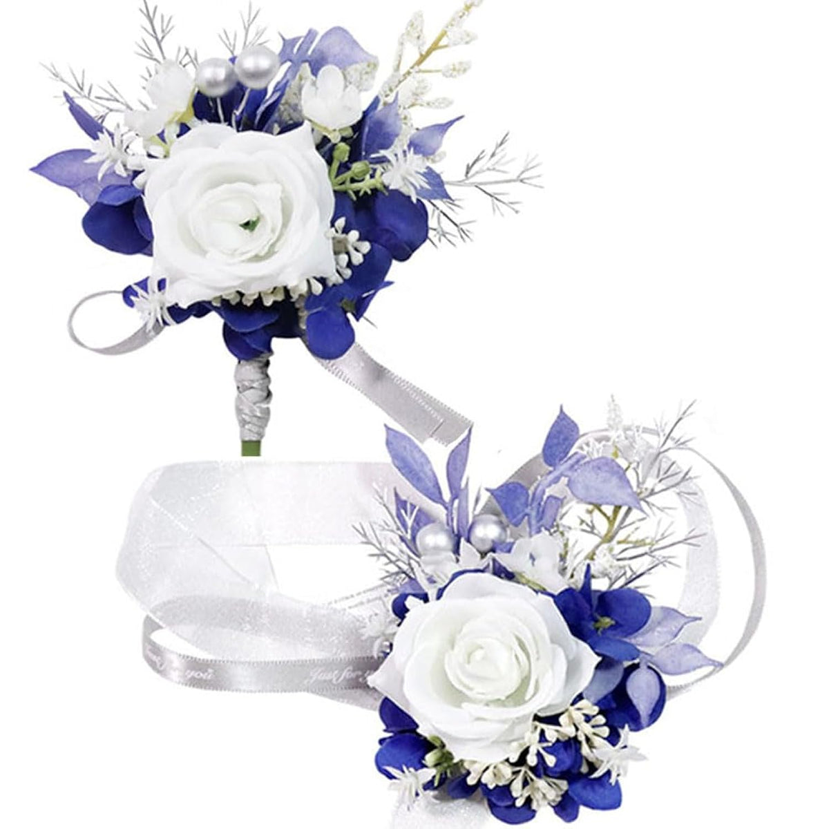 Wrist Corsage And Boutonniere Set For Prom Homecoming Wedding Party Celebration Artificial Flowers Accessories Suit Decor 2 Pieces - White+Navy Blue