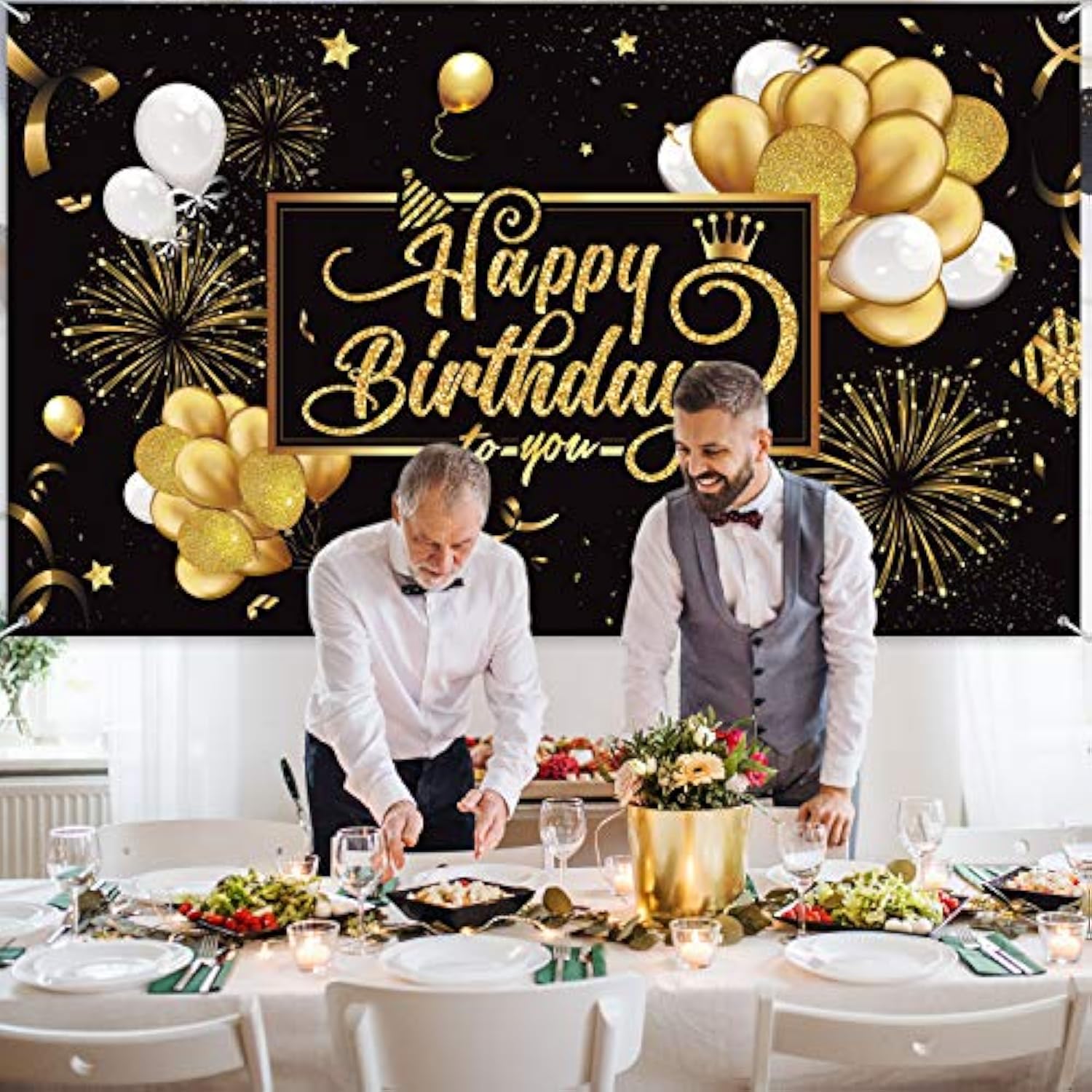 Large Black & Gold Happy Birthday Banner – 72.8x43.3in Fabric Sign with Balloons and Fireworks