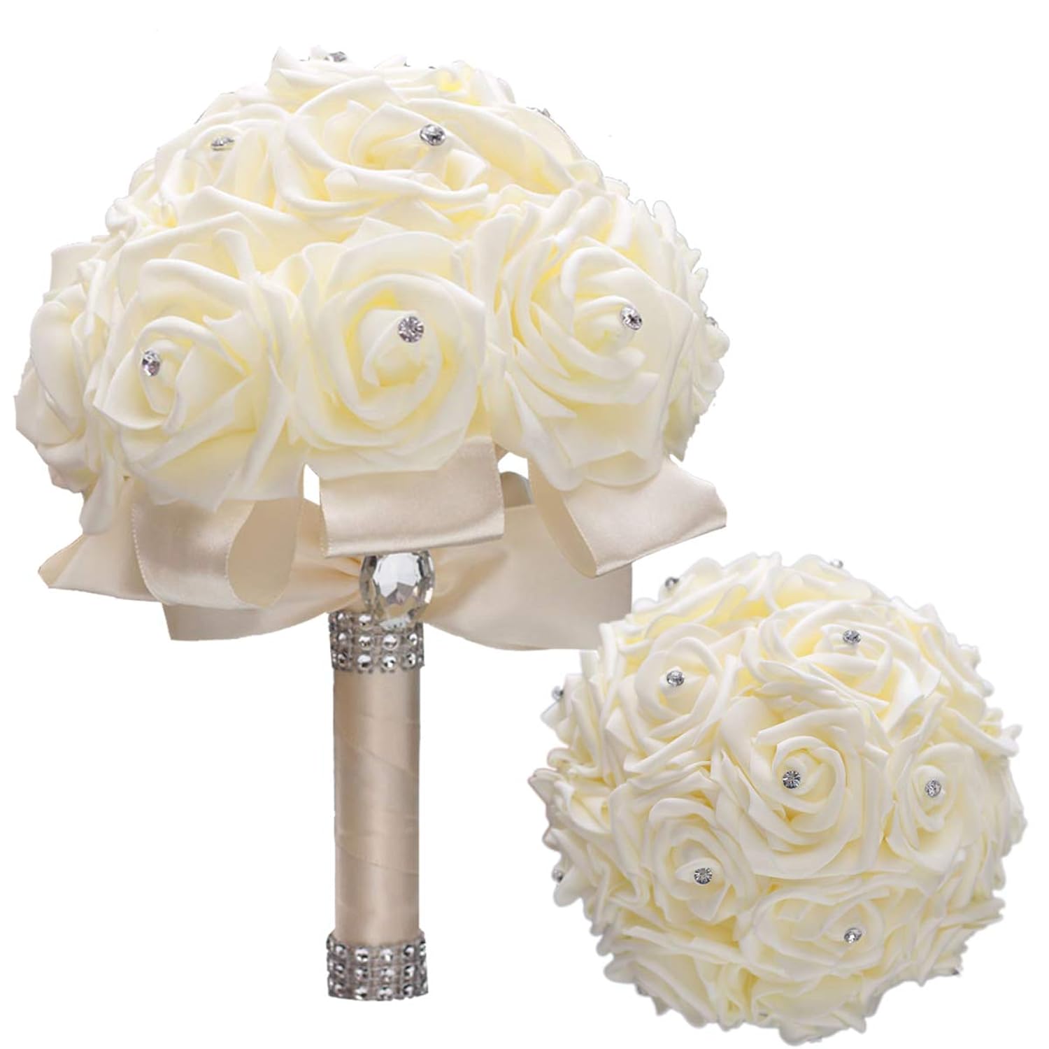 Ivory Cream Bouquet For Bride Bridesmaids With Diamond Soft Ribbons Artificial Pe Rose Bridal Holding Flowers For Wedding, Party And Church(Dia:8.26Inchh:10Inch Ivory W2018)…