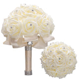 Ivory Cream Bouquet For Bride Bridesmaids With Diamond Soft Ribbons Artificial Pe Rose Bridal Holding Flowers For Wedding, Party And Church(Dia:8.26Inchh:10Inch Ivory W2018)…