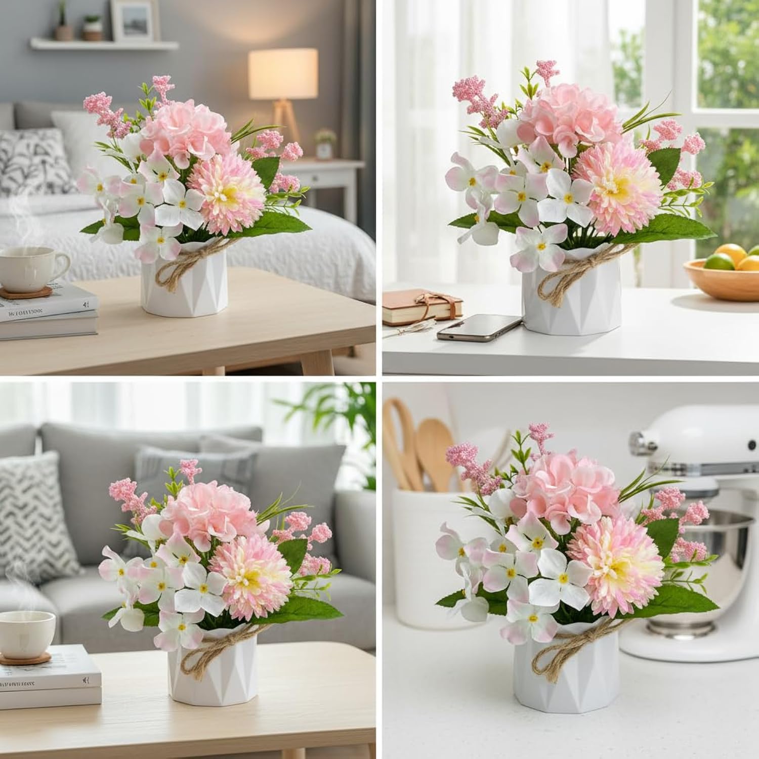 2 Potted Pink White Hydrangea Artificial Flowers Indoor Fake Plant Bathroom Accessories Decor?Faux Silk Flowers Arrangement In Vase Centerpieces For Tables Dresser Shelf Decor Aesthetic