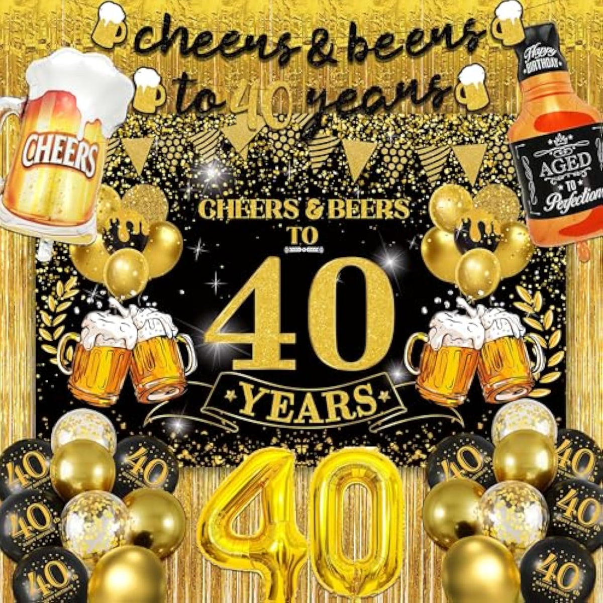 40Th Birthday Decorations For Men Women,Black And Gold Cheers To 40 Years Banner,40 Birthday Party Supplies,Happy 40Th Birthday Backdrop,40Th Birthday Balloons For Women Men