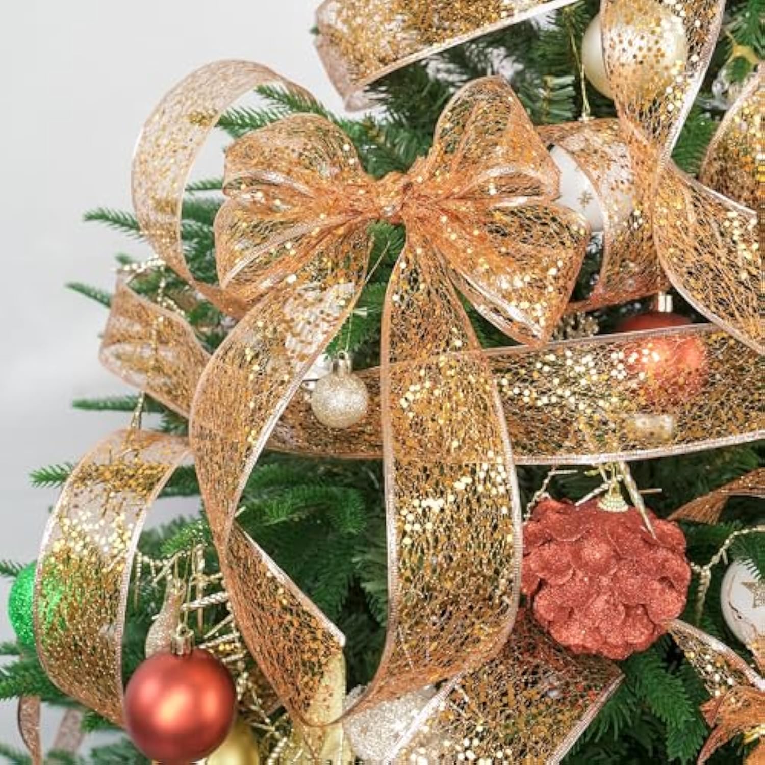 Glitter Wire Mesh Ribbon With Sparkle - Wired 2.5 Inch Burnt Orange Ribbon For Christmas Tree Decoration, Wreath Bow Making (25 Yards)