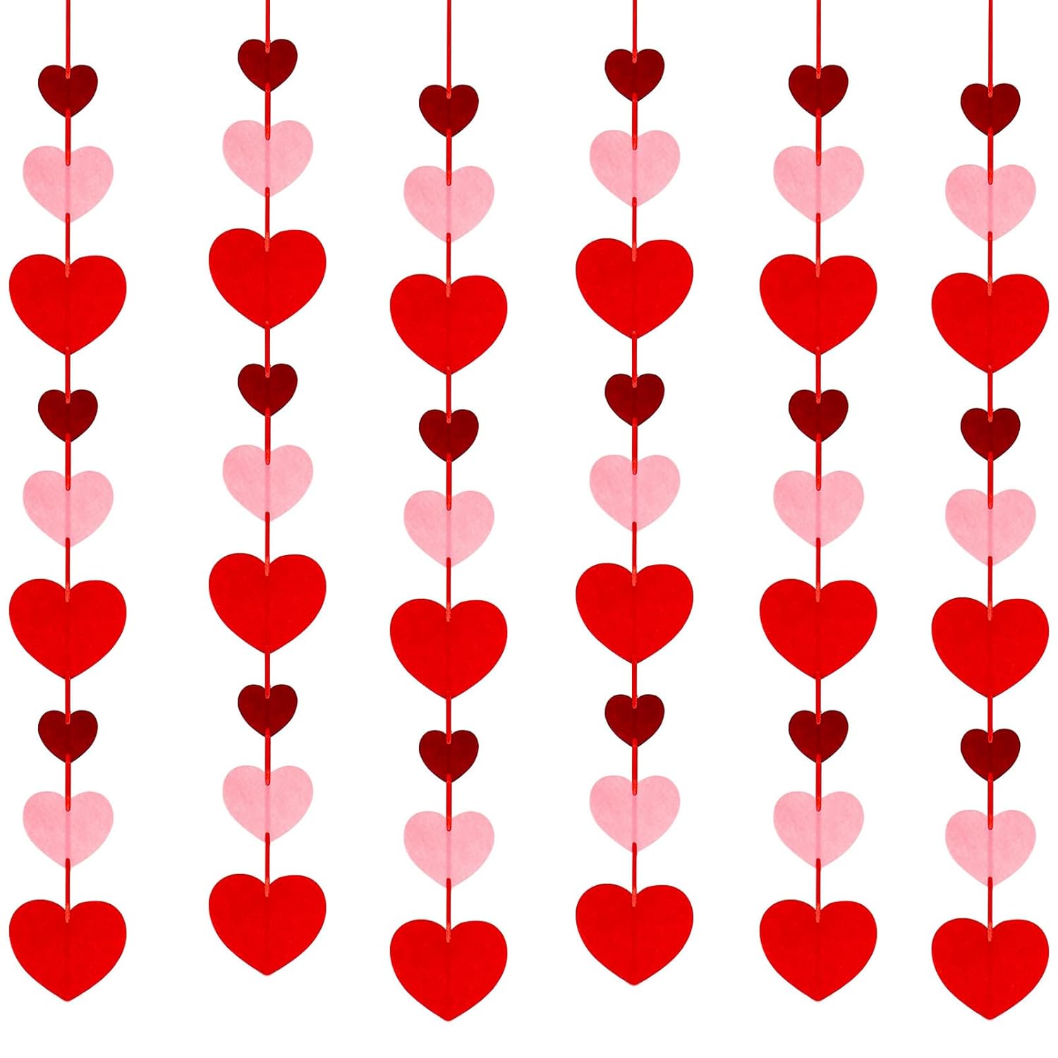 Felt Heart Garland Streamers, 96 Pre-Strung Mixed-Size Hearts In Red Pink Burgundy, Valentine'S Day Decorations 6-Pack, Ready To Hang For Party Wedding