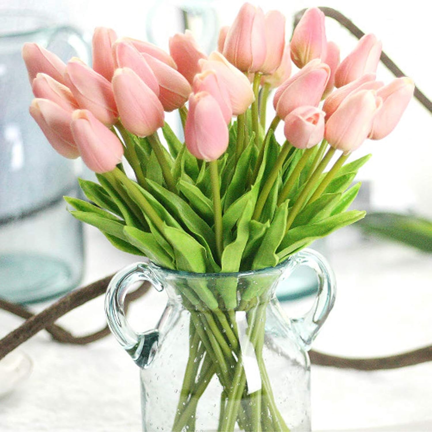 Artificial Flowers Real Touch Mini Pu Tulips Bouquet Fake Tulips Flowers Arrangement Artificial Plants For Wedding Centerpiece Room Home Hotel Party Event Christmas Decor Pink Set Of 30