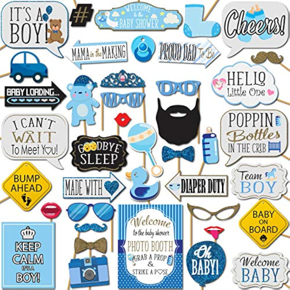 Boy Baby Shower Photo Booth Props - 41-Pc Photo Booth Kit With 8 X 10-Inch Sign, 60 Glue Dots, 45 Sticks - Picture Props For Baby Shower