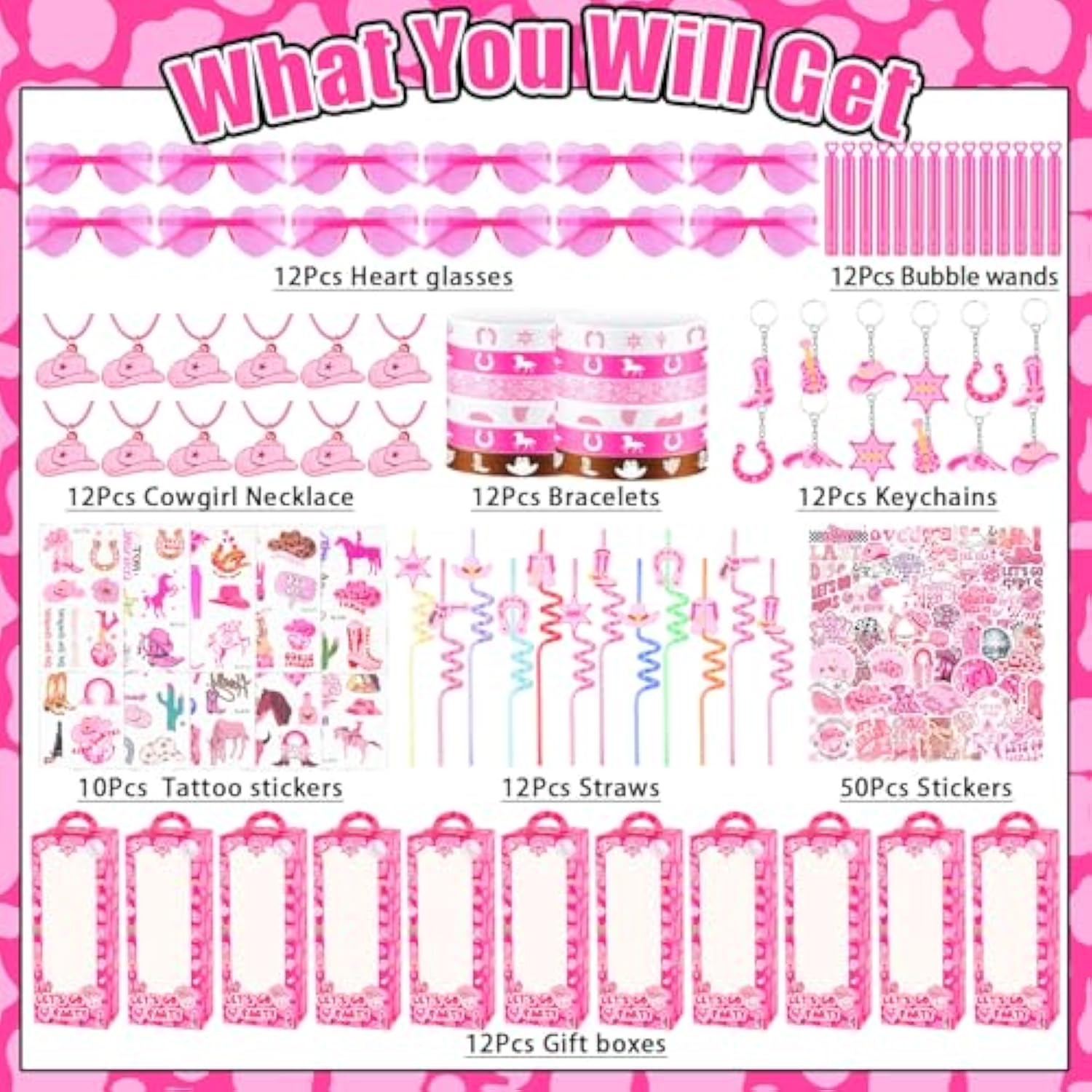 145Pcs Cowgirl Party Favors - 12 Guests Set | Pink Goodie Bag Stuffers For Kids Girls' Birthday | Pinata Filler & Classroom Rewards