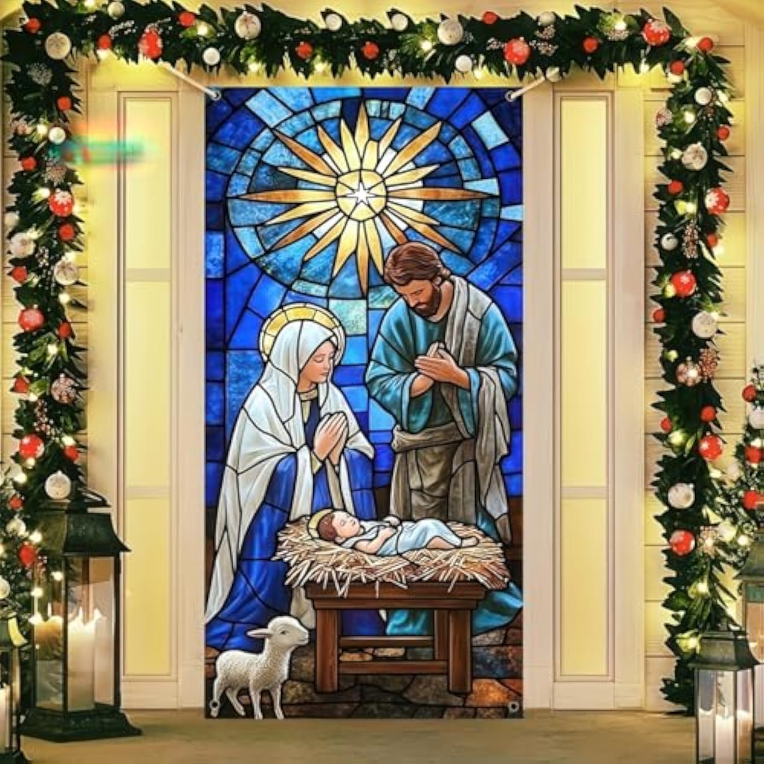 Nativity Scene Christmas Door Cover Hanging Banner Background Religious The Nativity Of Jesus Backdrop Photography Background Front Door Porch Hanging Cover Door Cover Banner 35 X 71 Inch