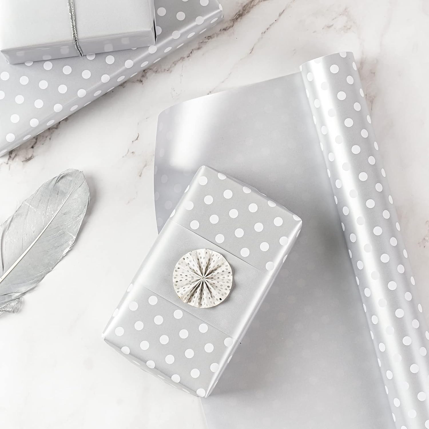 30 Inch Reversible Silver Wrapping Paper - Silver And Polka Dot Wrapping Paper For Birthday, Christmas, Wedding, Baby Shower - 30 Inch X 33 Feet