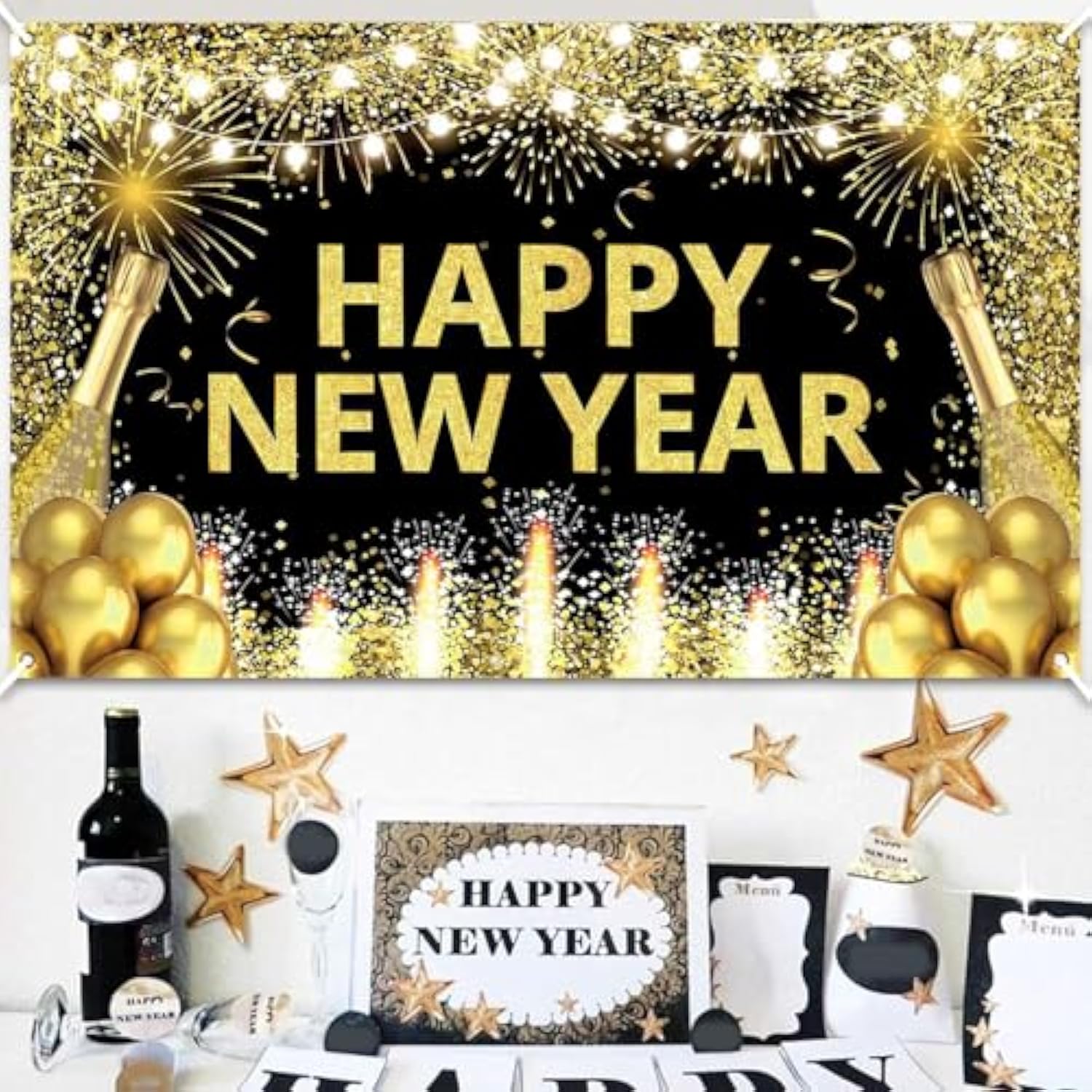 2026 Happy New Year Banner 71x43 Inch Backdrop for Party and Home Decor