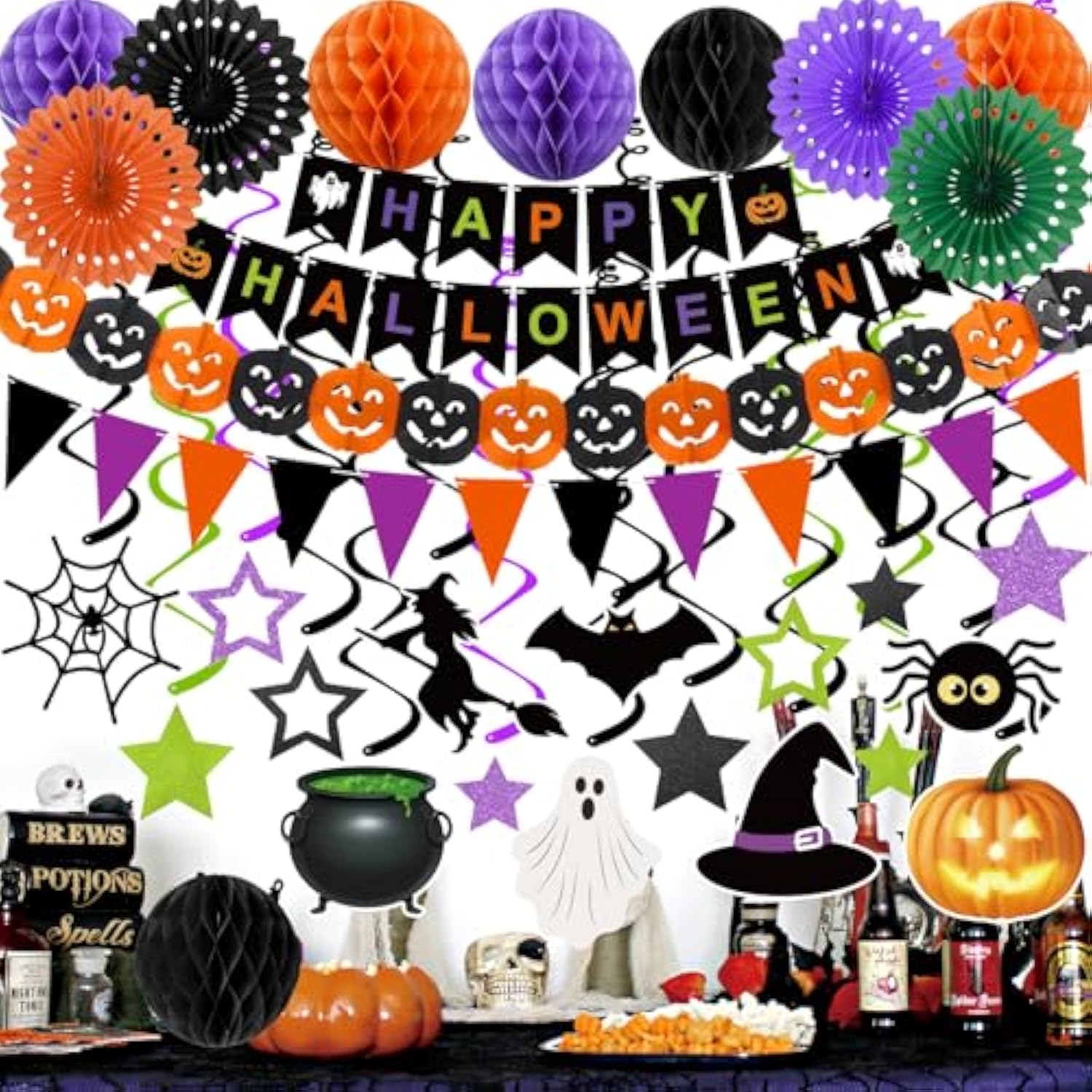 Halloween Party Decorations Banner Honeycomb Balls Paper Fans Garland Swirls