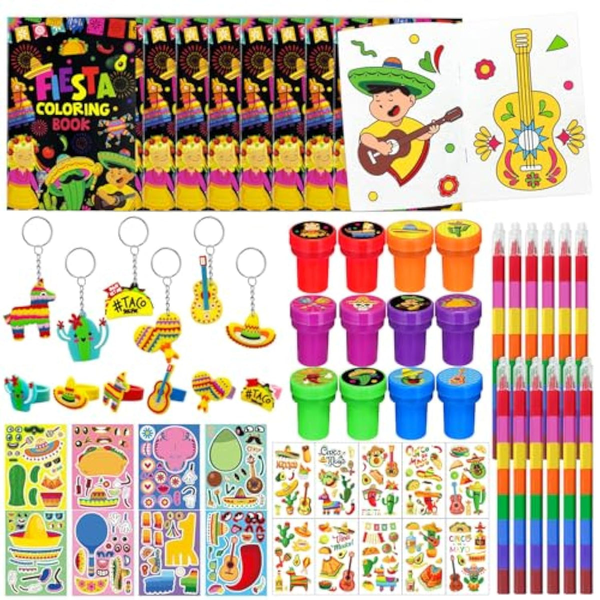 72 Pcs Mexican Fiesta Party Favors, Coloring Books & Crayons Set, Cinco De Mayo Pinata Goodie Bag Fillers, Day Of The Dead Craft Kit, Stickers, Tattoos For Taco Party & Holiday Celebrations