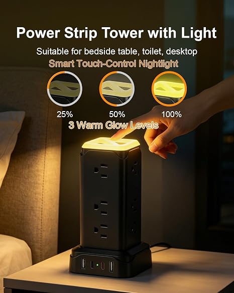 12 Outlet Tower Power Strip 4 USB Ports 6FT Cord Surge Protector Black